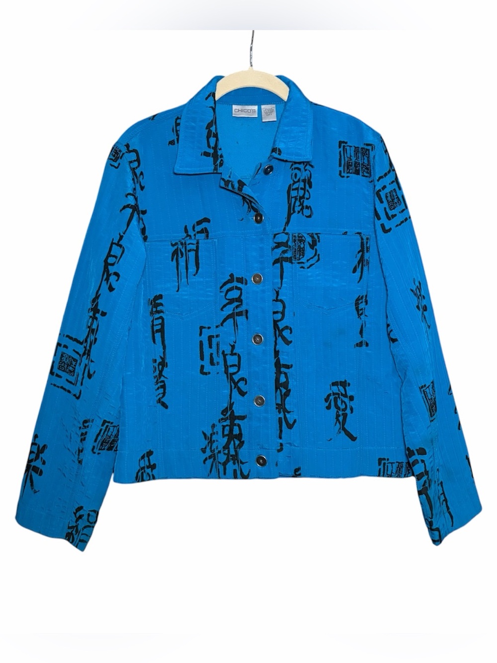Chico’s Blue Cropped Jacket Black Calligraphy Print